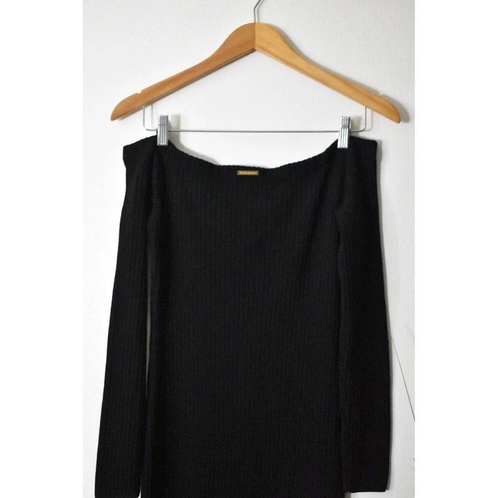 Michael Kors Sweater Dress Womens Large Black Modern Off-Shoulder Ribbed Knit